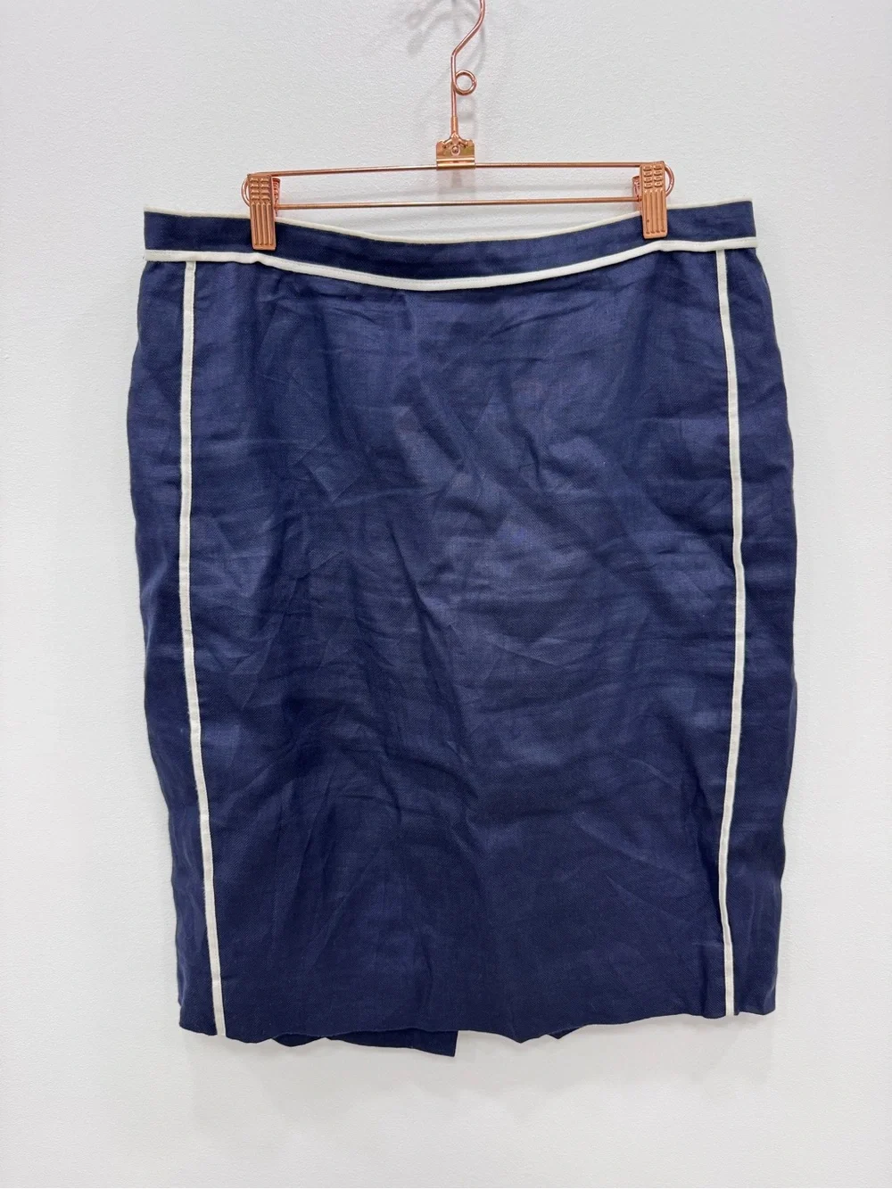J.Crew Navy Blue Linen pencil skirt knee length white contrast trim Sz 14